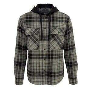 NWT No Boundaries Men's M Green Plaid‎ Hooded Flannel Button Down Shirt